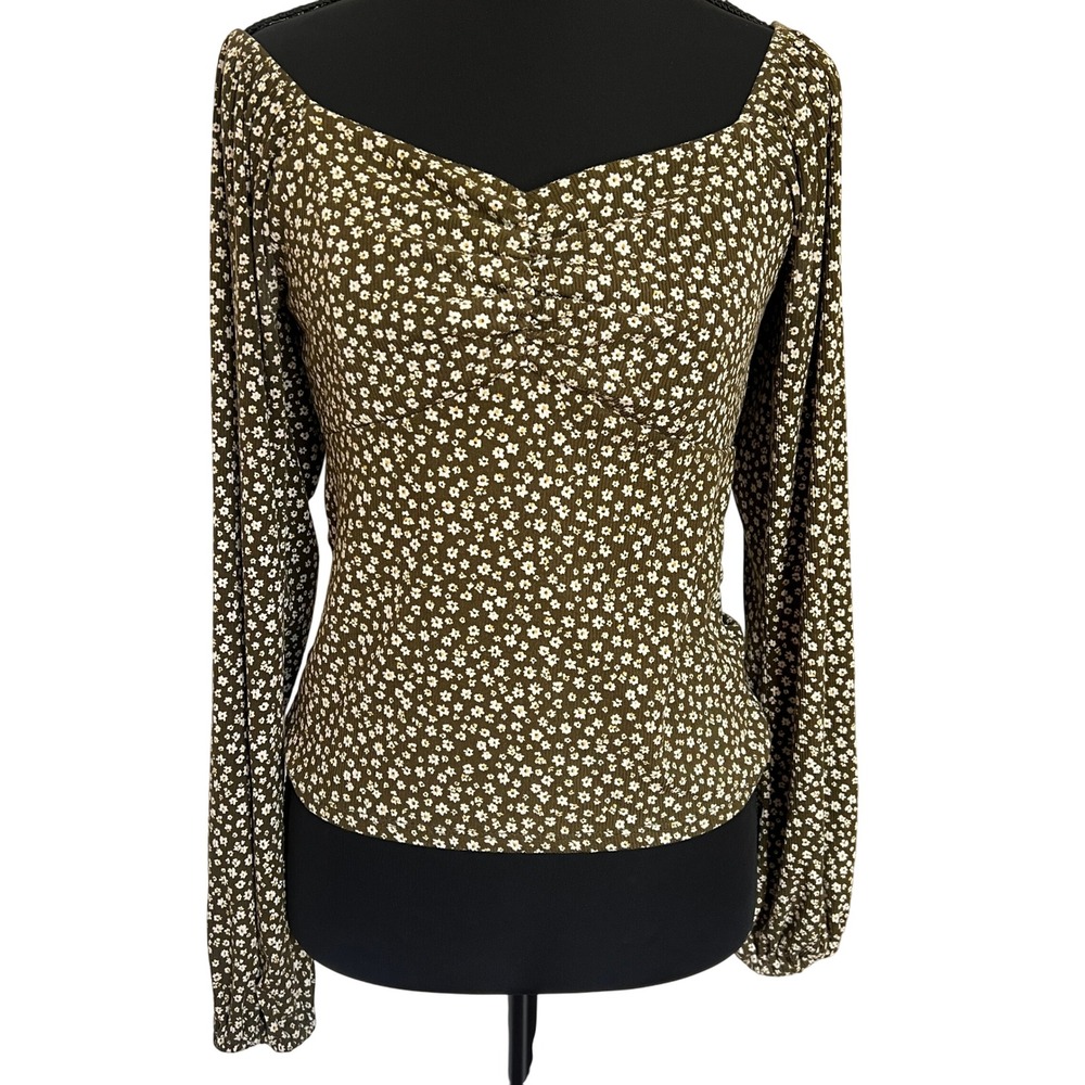 Y2K Women M Floral Long Sleeve Olive Green Sweetheart Neck‎